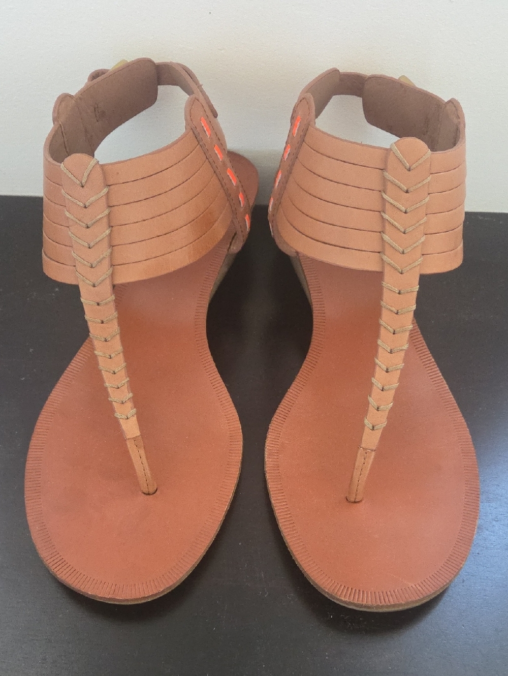 Coach Brown T-Strap Leather Gladiator Sandals With Orange Accents. Size 9.5